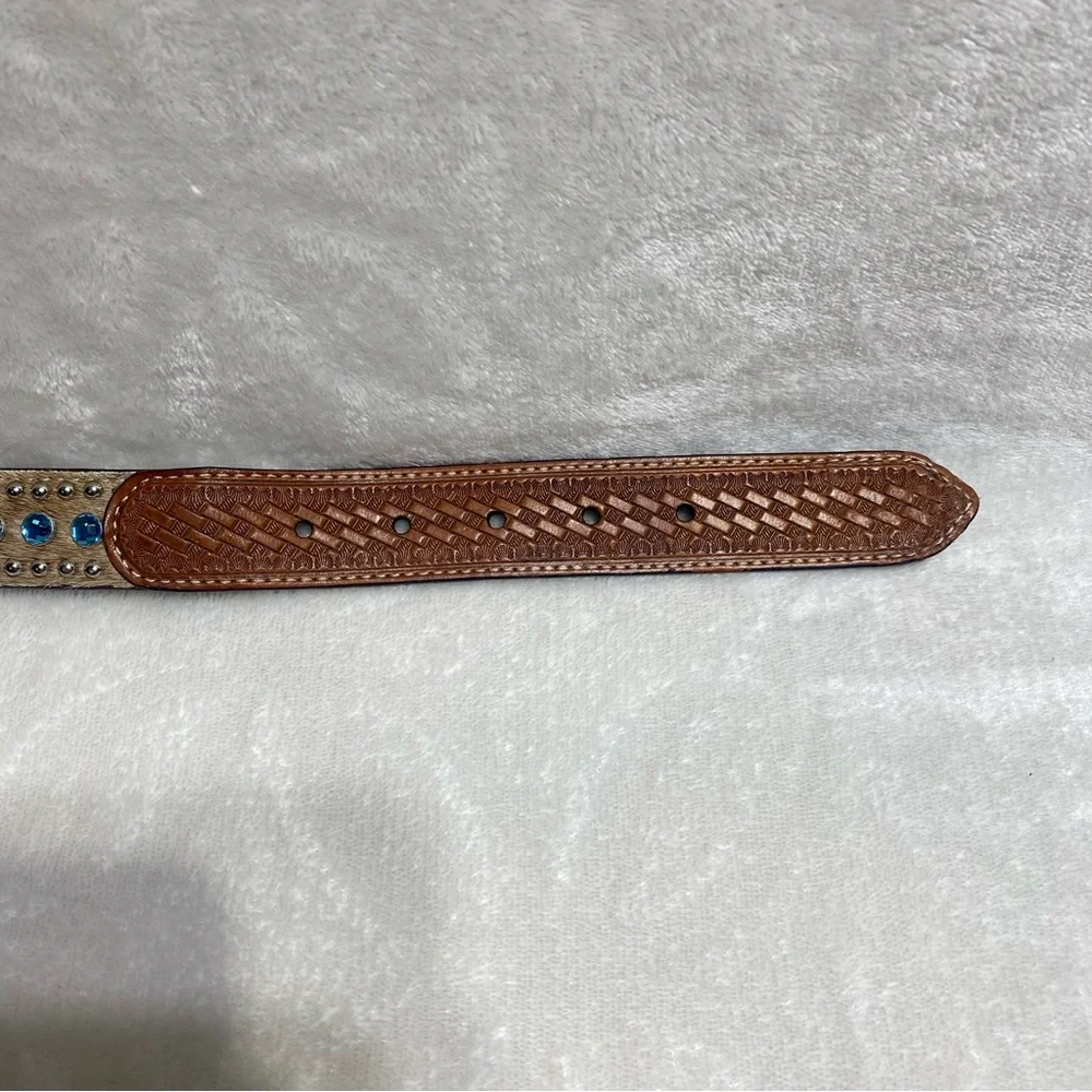 NOCONA Kids Leather Calf-hair Belt Blue Rhinestones Brown Western Cowboy